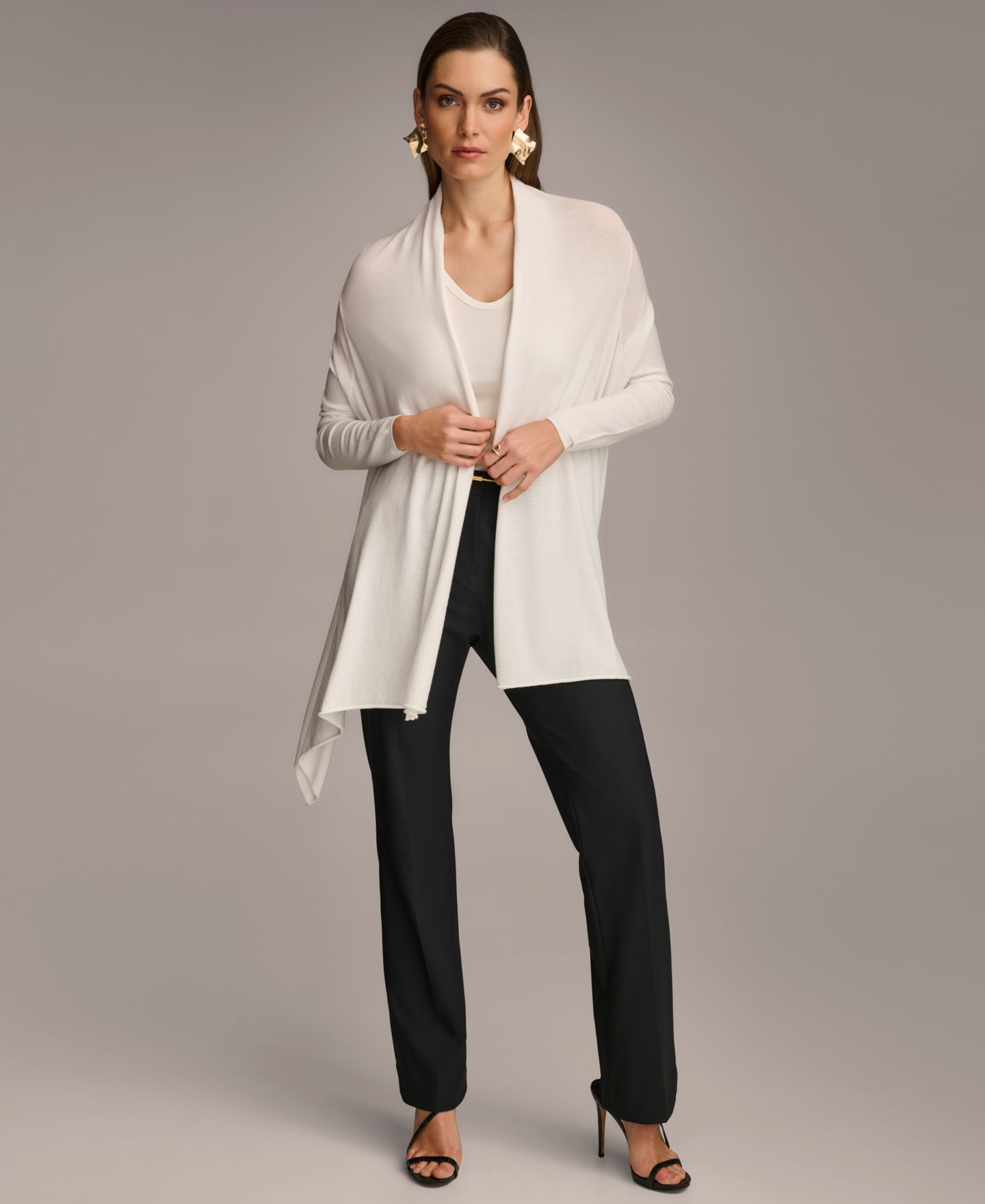 Женский кардиган Donna Karan New York Long-Sleeve Drape-Front, цвет: Кремовый — фото 7