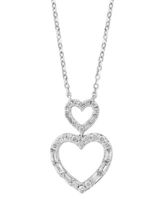 EFFY&reg; Diamond Round & Baguette Double Heart Pendant Necklace (1/4 ct. t.w.) in 14k White Gold, 17-1/2" + 1/2" extender