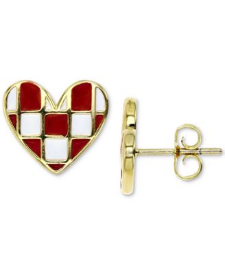 Pink & White Enamel Checkerboard Heart Stud Earrings