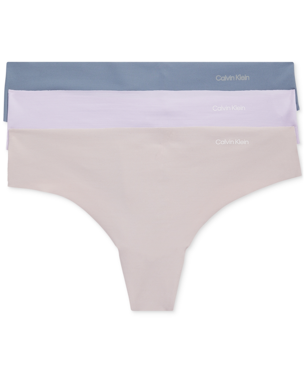 Calvin Klein Women's Invisibles 3-pack Thong Underwear Qd3558 In Flintstone,pastel Lilac,cloud Grey