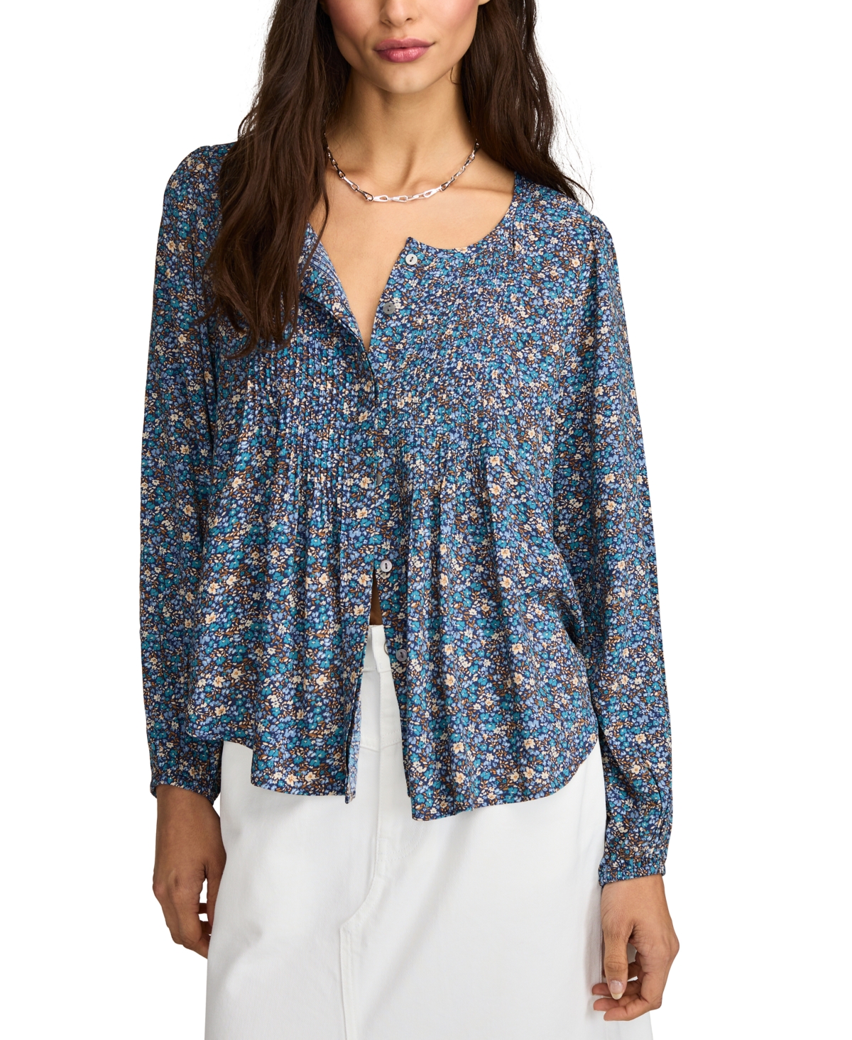 Lucky Brand Women's Printed Pintucked Button-front Top In Indigo Multi