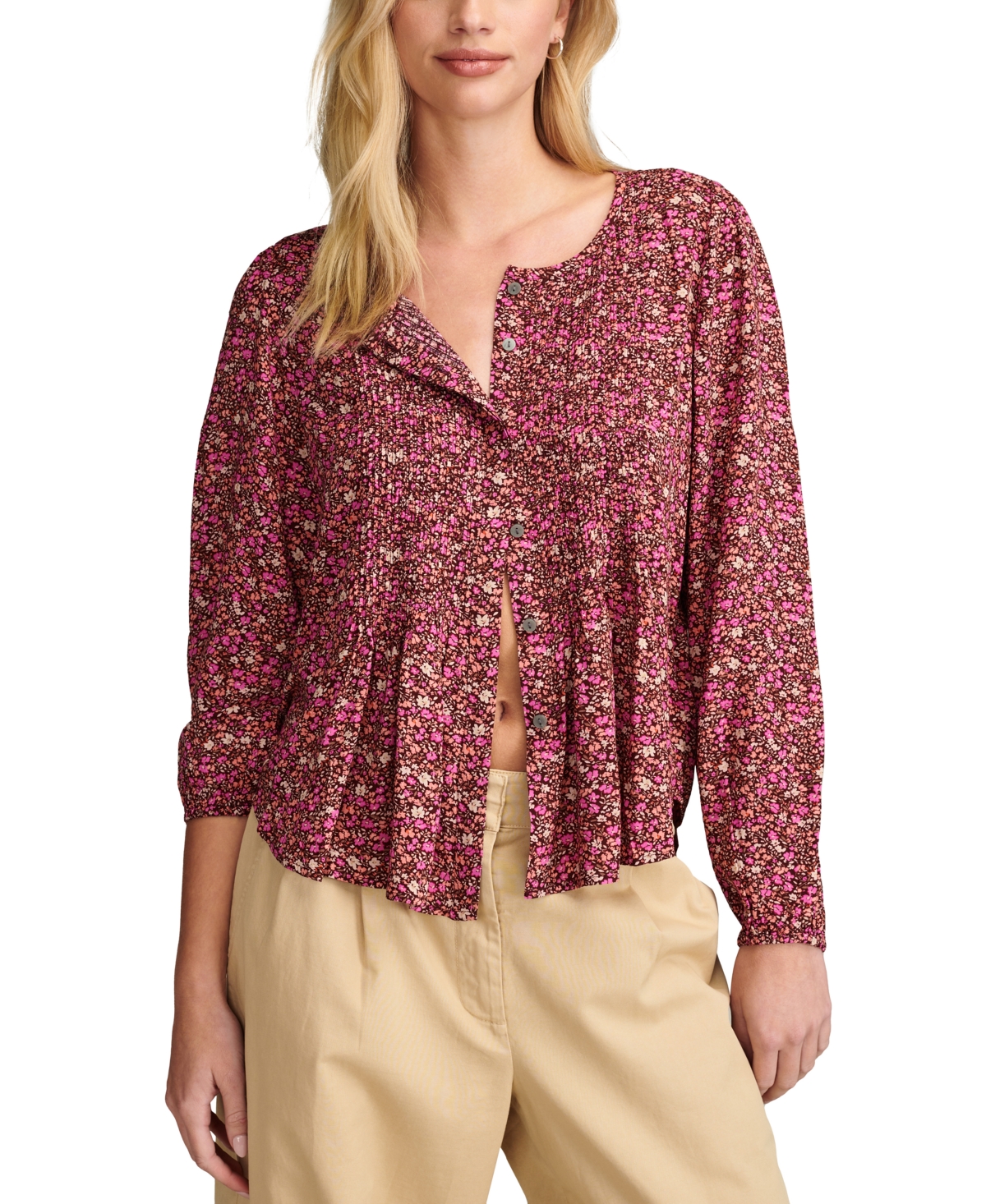 Lucky Brand Women's Printed Pintucked Button-front Top In Rum Raisin