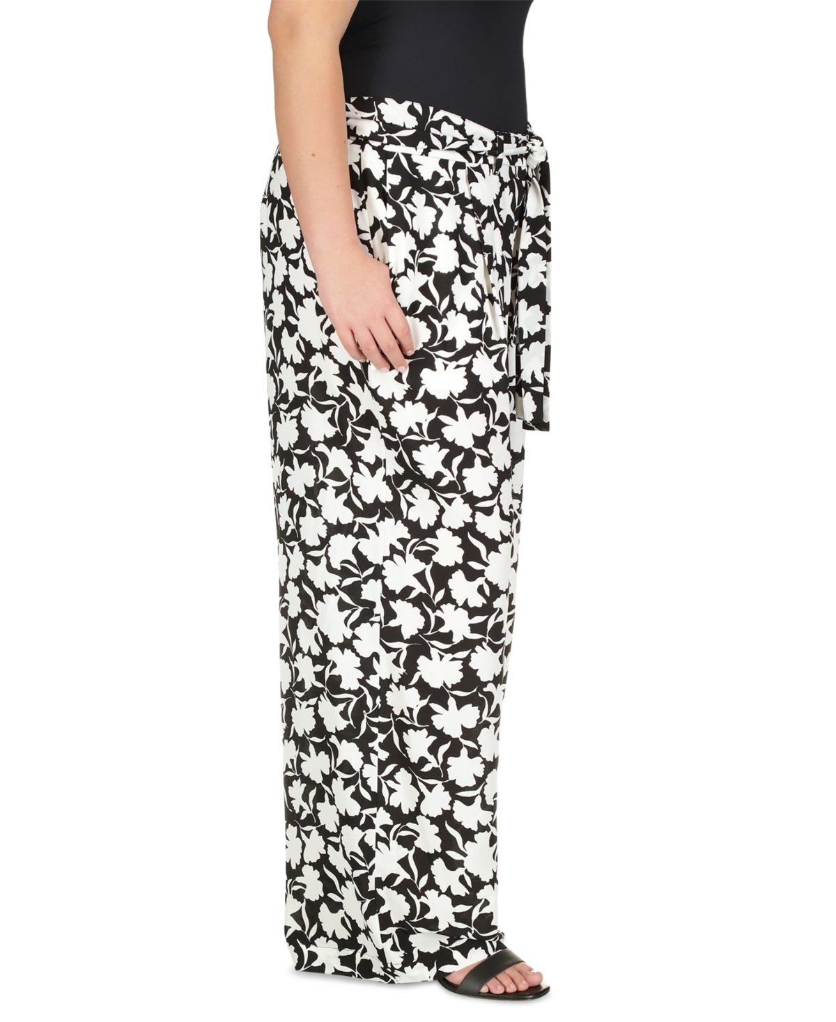 Shop Michael Kors Michael  Plus Size Floral Belted Pants In Black,white