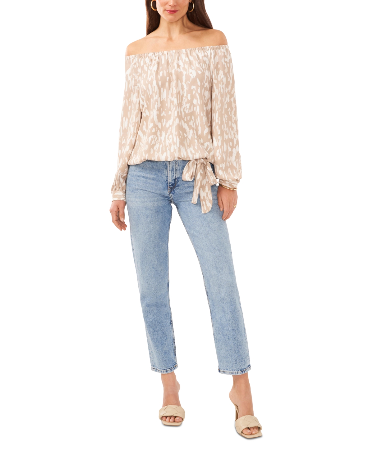 Shop Vince Camuto Women's Printed Off The Shoulder Tie Front Woven Blouse In Soft Cream