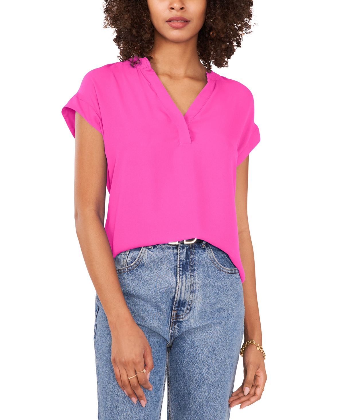 Women's Solid Split Neck Short Sleeve Blouse - Hot Pink