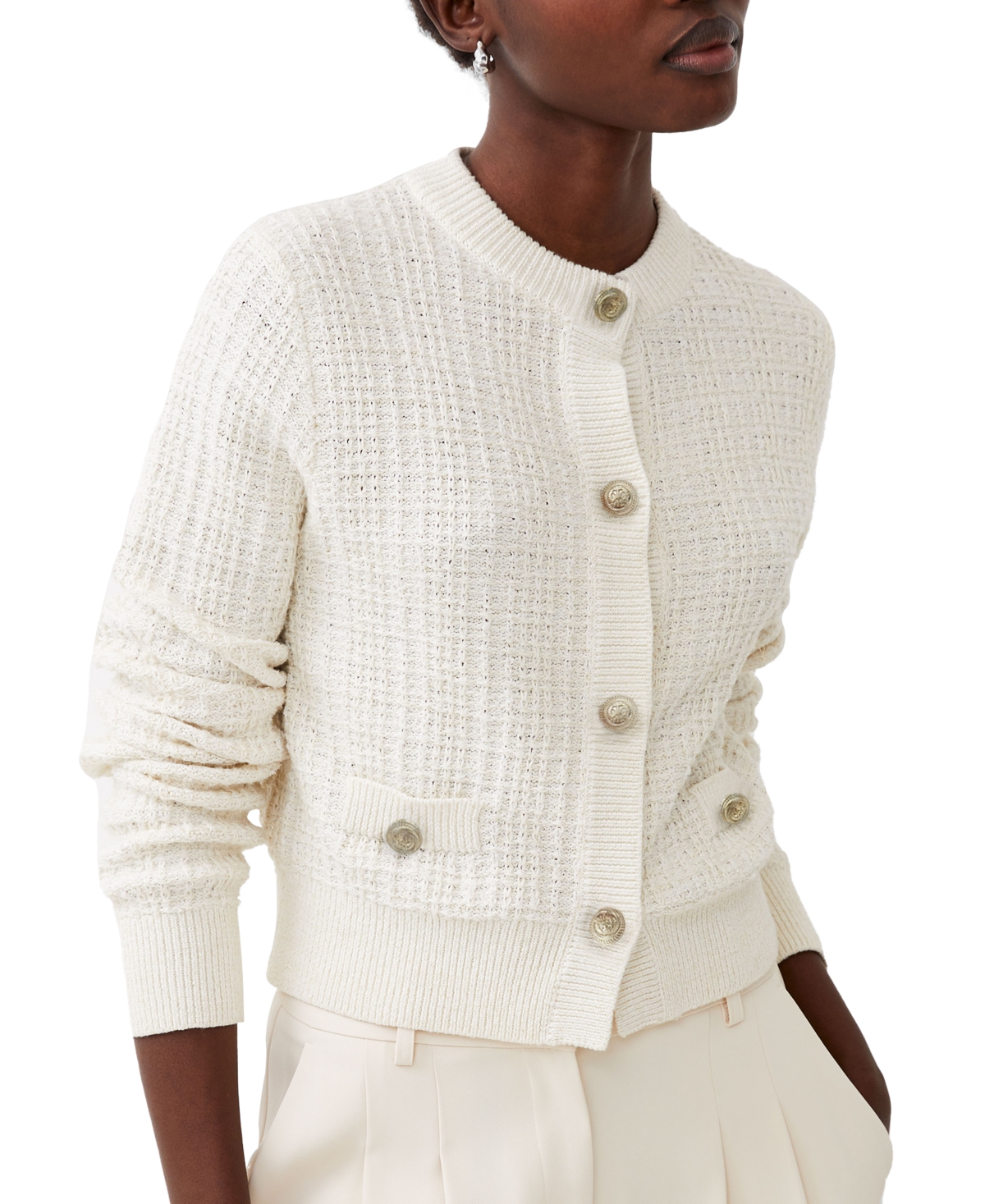 French Connection Women's Metallic Tweed Knit Cardigan Sweater