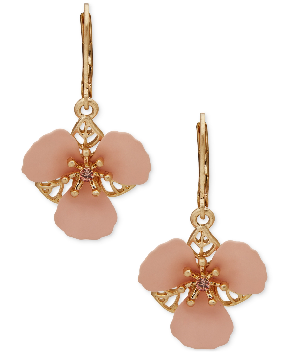 Gold-Tone Pink Crystal Flower Drop Earrings - Pink