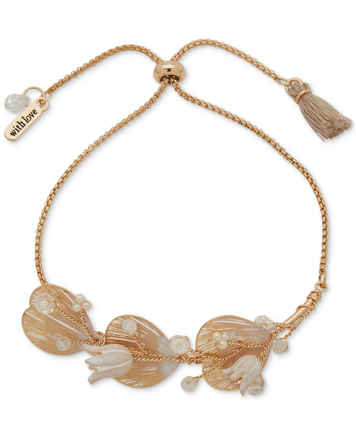 Gold-Tone Bead & Flower Slider Bracelet - White