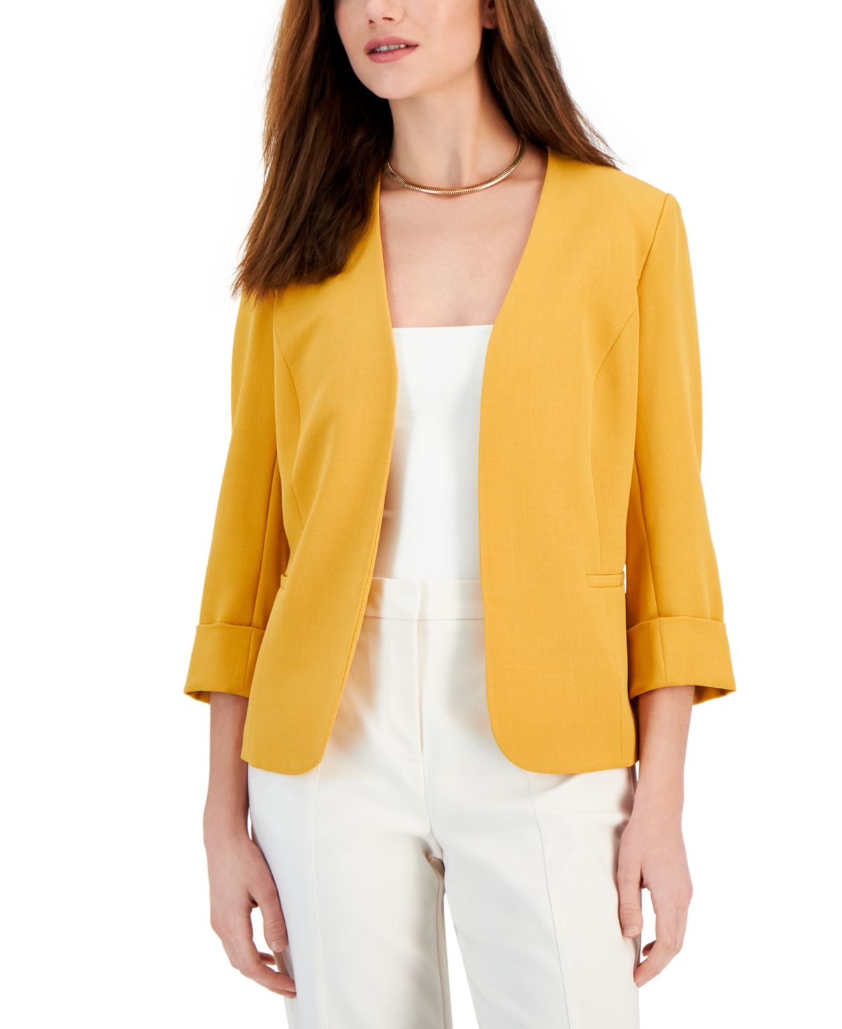 Women's Stretch Crepe Open-Front Roll-Sleeve Jacket, Regular & Petite - Vanilla Ice