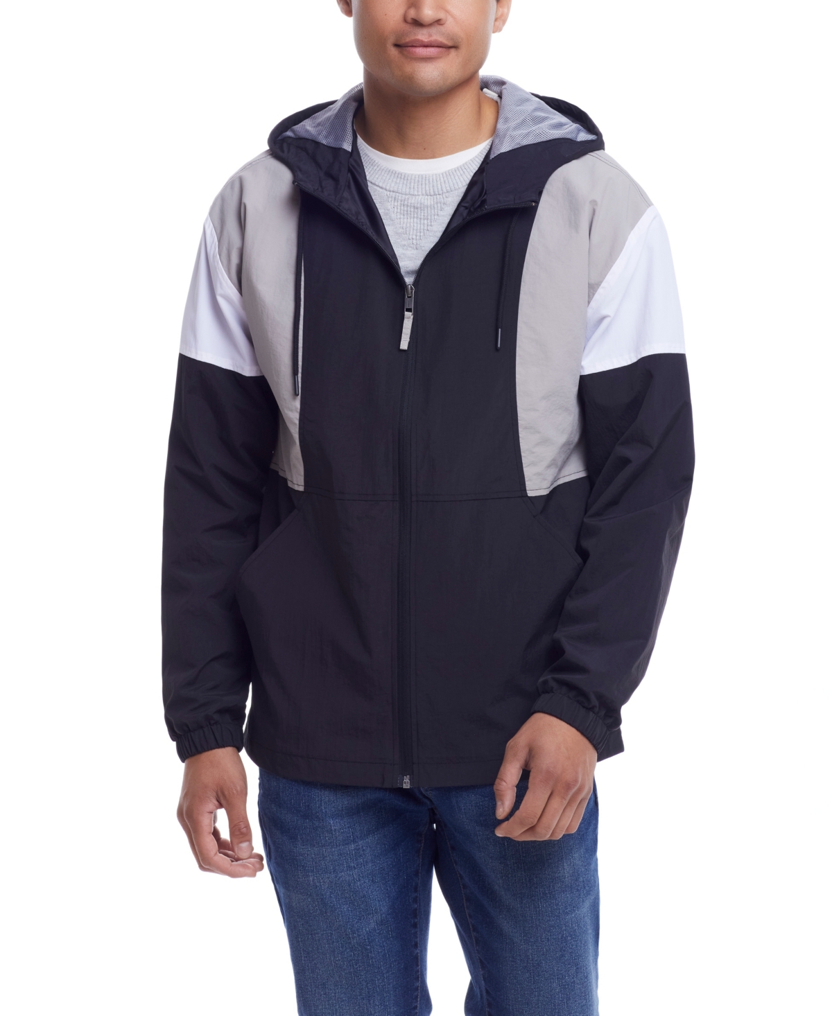 Men's Nylon Zip Front Hooded Colorblock Jacket - Sharkskin