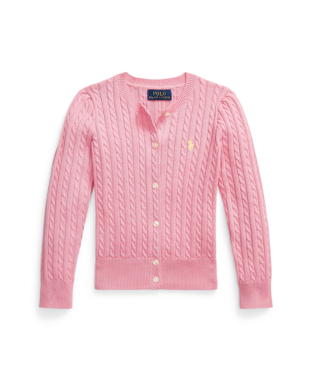 Shop Polo Ralph Lauren Toddler And Little Girls Mini-cable Cotton Cardigan Sweater In Florida Pink With Oasis Yellow