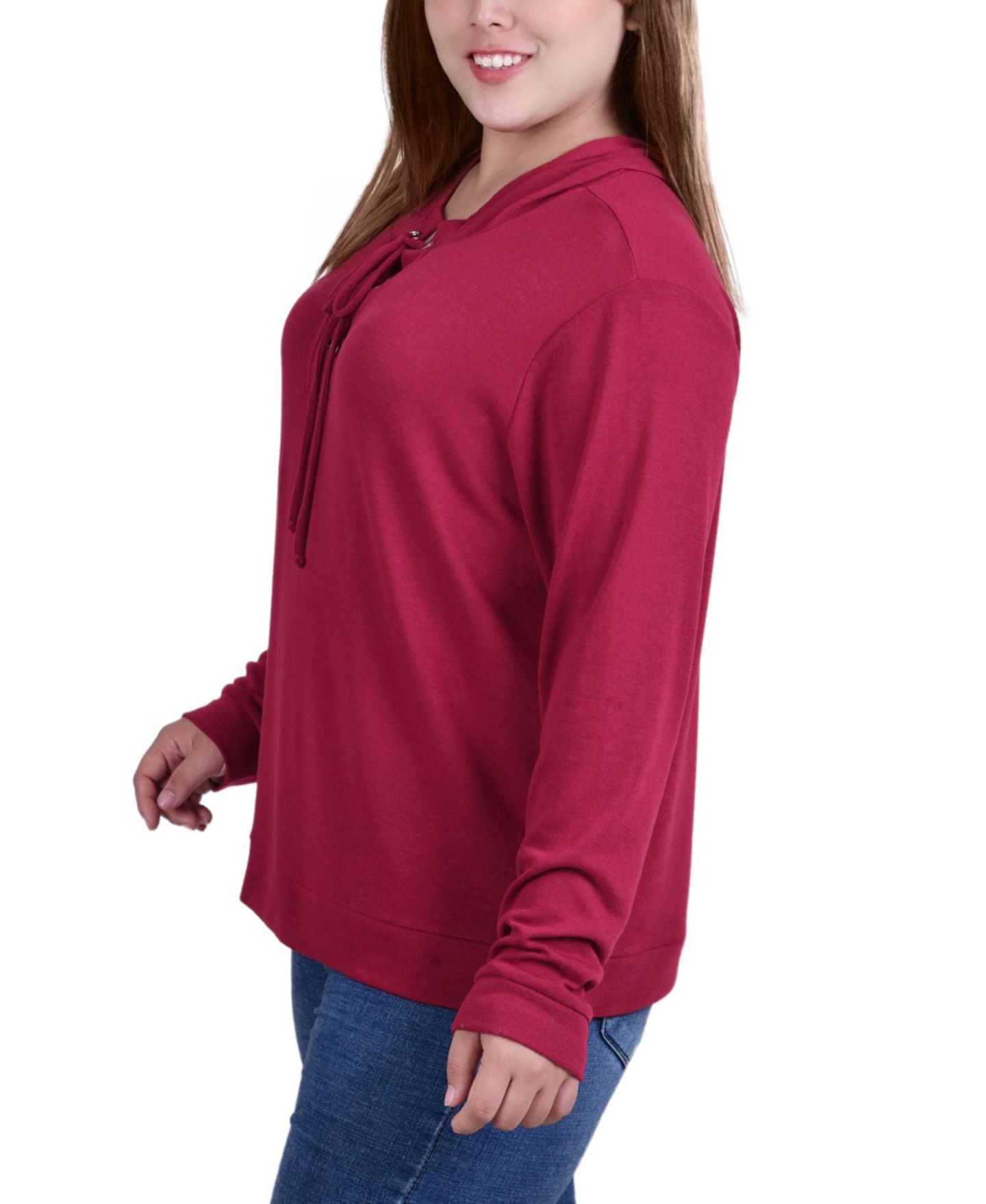 Женская толстовка NY Collection Plus Size Long Sleeve Criss Cross Placket, цвет: Бордовый — фото 3