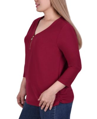 Plus Size Long Sleeve Crepe Knit V-Neck Top with Zipper
