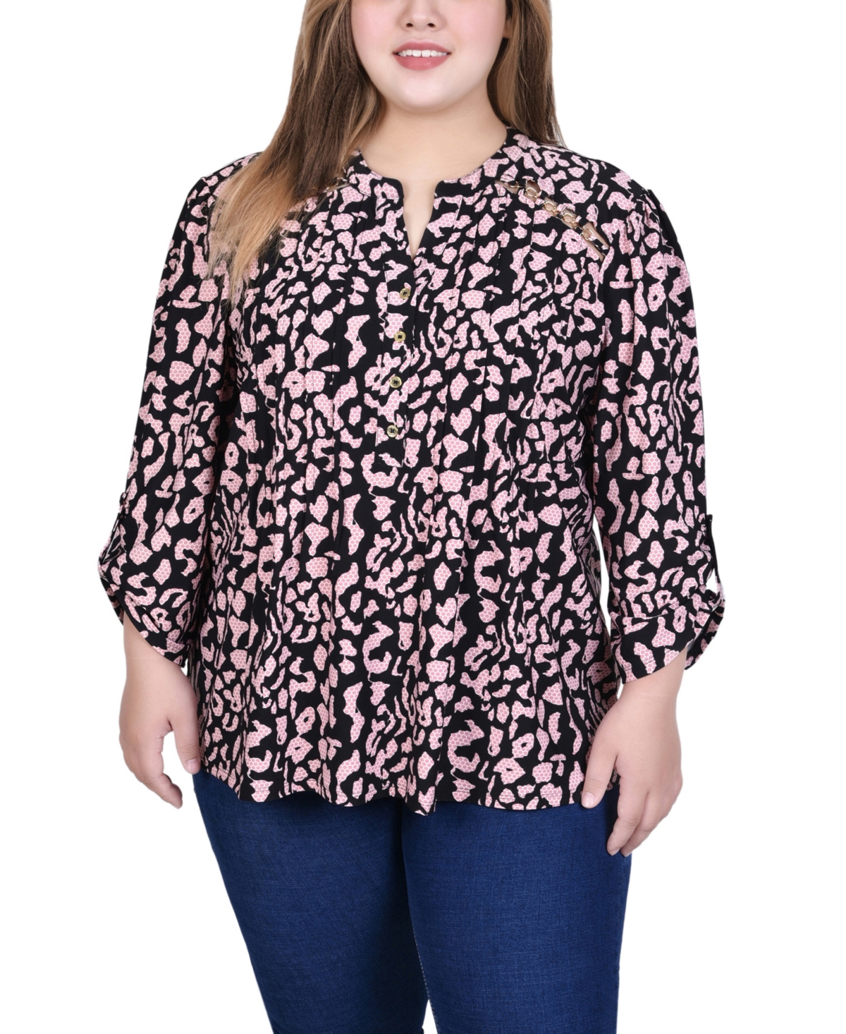 Ny Collection Plus Size Long Sleeve Pintuck Front Top with Chain Details
