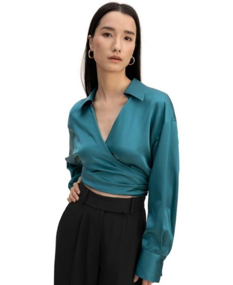 Женская блузка LILYSILK Pure Silk Blouse Wrapover Cropped Shirt, цвет: Синий