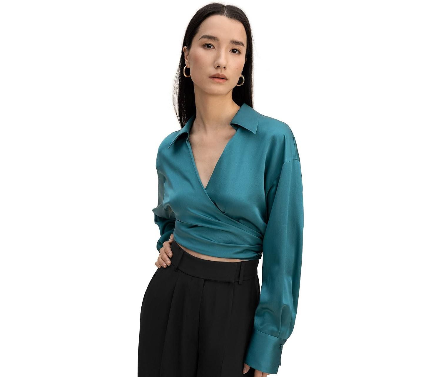 Women's Pure Silk Blouse Wrapover Cropped Shirt