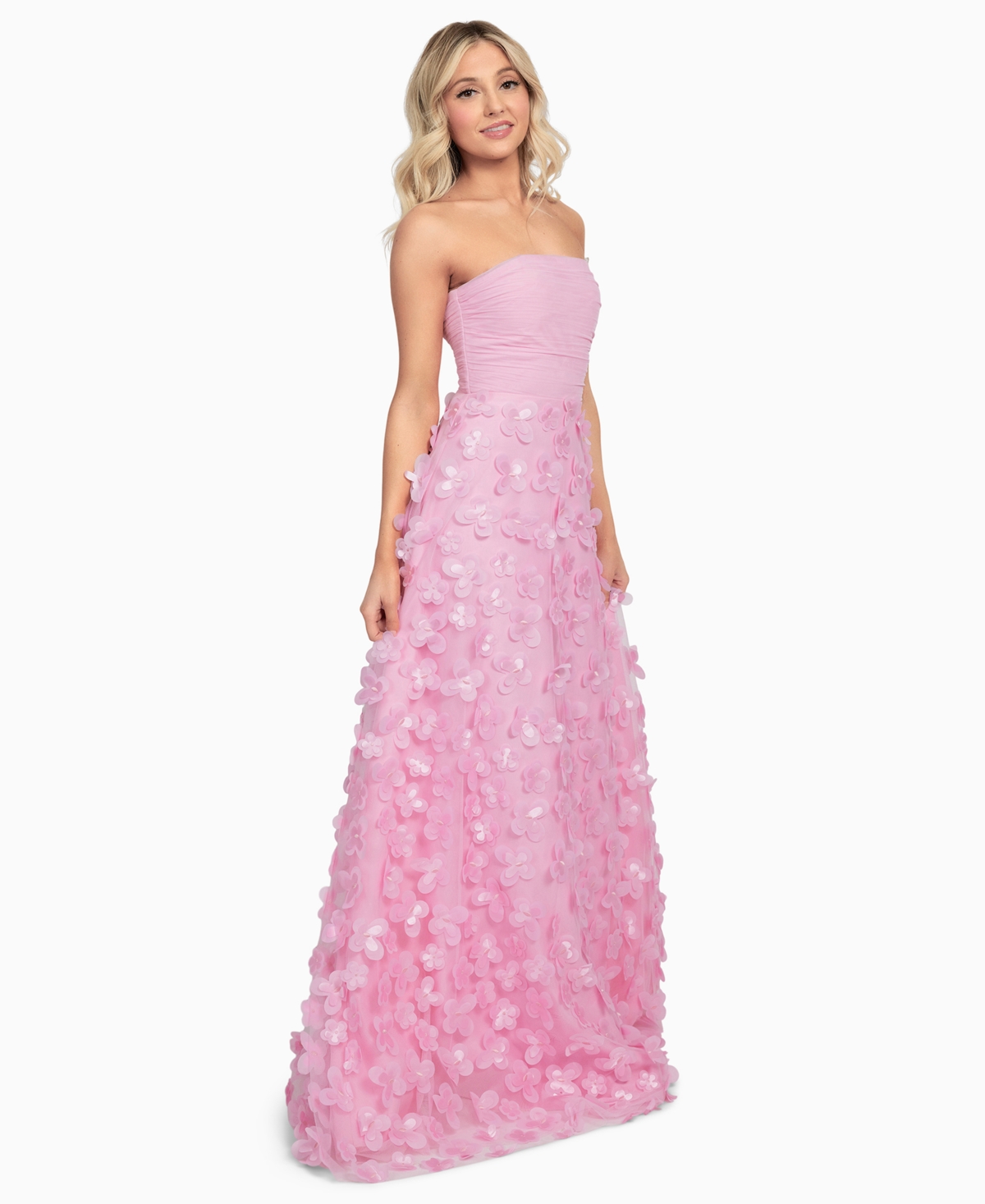 Shop Dear Moon Juniors' Butterfly Flower Applique Strapless Gown In Light Pink