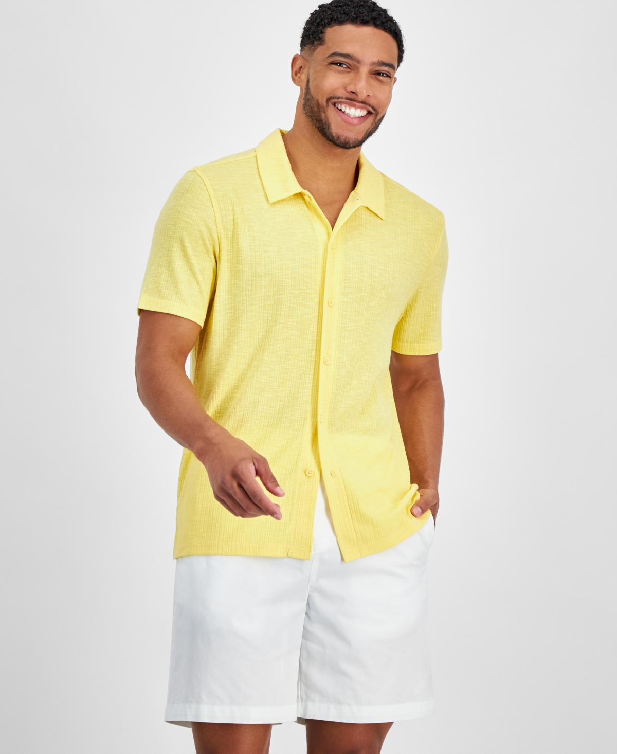 Inc International Concepts Men's Regular-fit Variegated Ribbed-knit Button-down Camp Shirt, Created For Macy's In Bright Sun