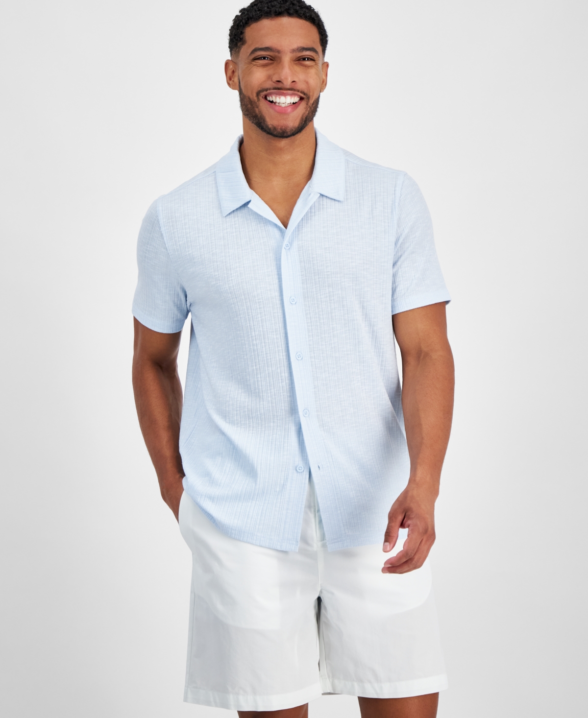 Inc International Concepts Men's Regular-fit Variegated Ribbed-knit Button-down Camp Shirt, Created For Macy's In Dream Cloud Blu