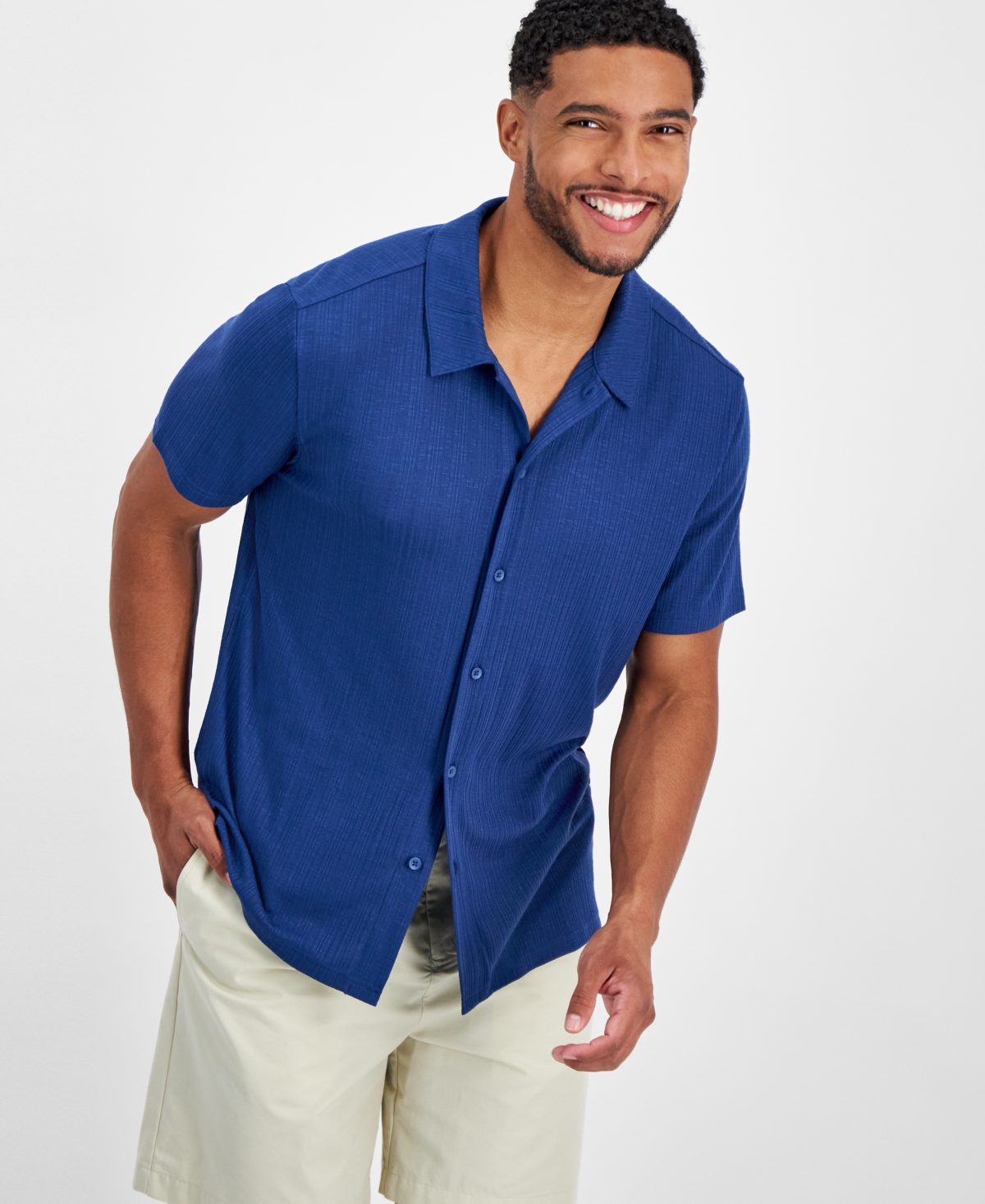 Inc International Concepts Men's Regular-fit Variegated Ribbed-knit Button-down Camp Shirt, Created For Macy's In Blue Socket
