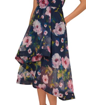 【海外限定】AdriannaPapell ドレス☆Floral Print Blue Organza Floral Printed High Low Organza Halter Dress In Navy Multi