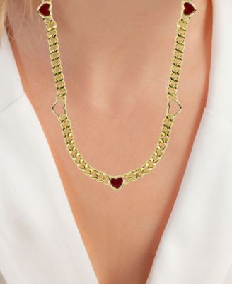 Red & White Enamel Heart Curb Link 18" Collar Necklace in 14k Gold-Plated Sterling Silver