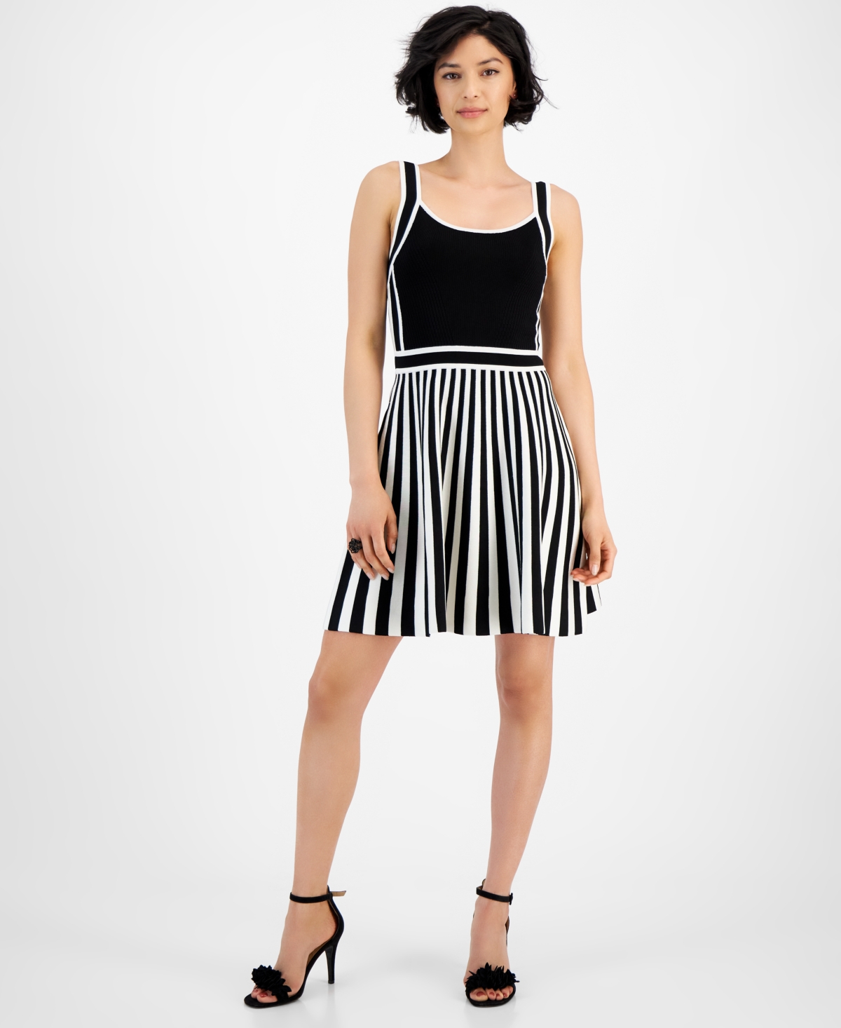 black and white striped fit and flare dress ALINA PLEATED KNIT FIT AND FLARE MINI DRESS IN BLACK AND WHITE – AKIRA main image 1