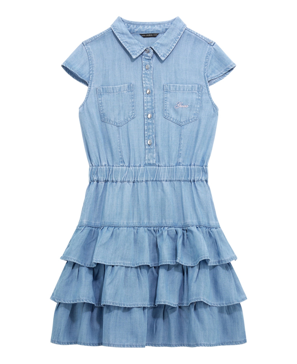Shop Guess Big Girls Cap Sleeve Denim Dress With Jewel Button Placket And 3 Tier Ruffle Skirt In Blue