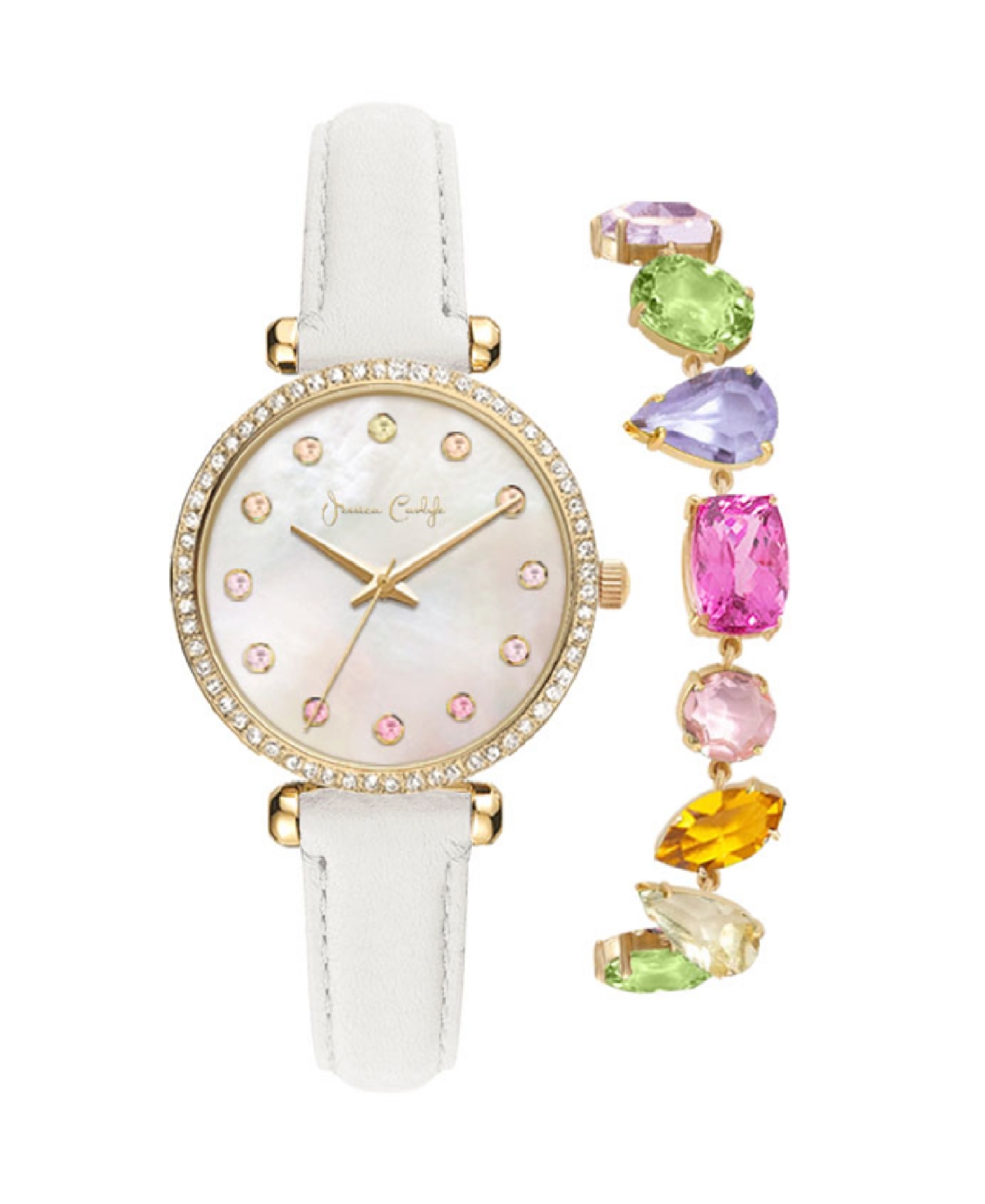 Jessica Carlyle Women's Quartz White Polyurethane Leather Watch 33mm Gift Set In White,white Mother Of Pearl