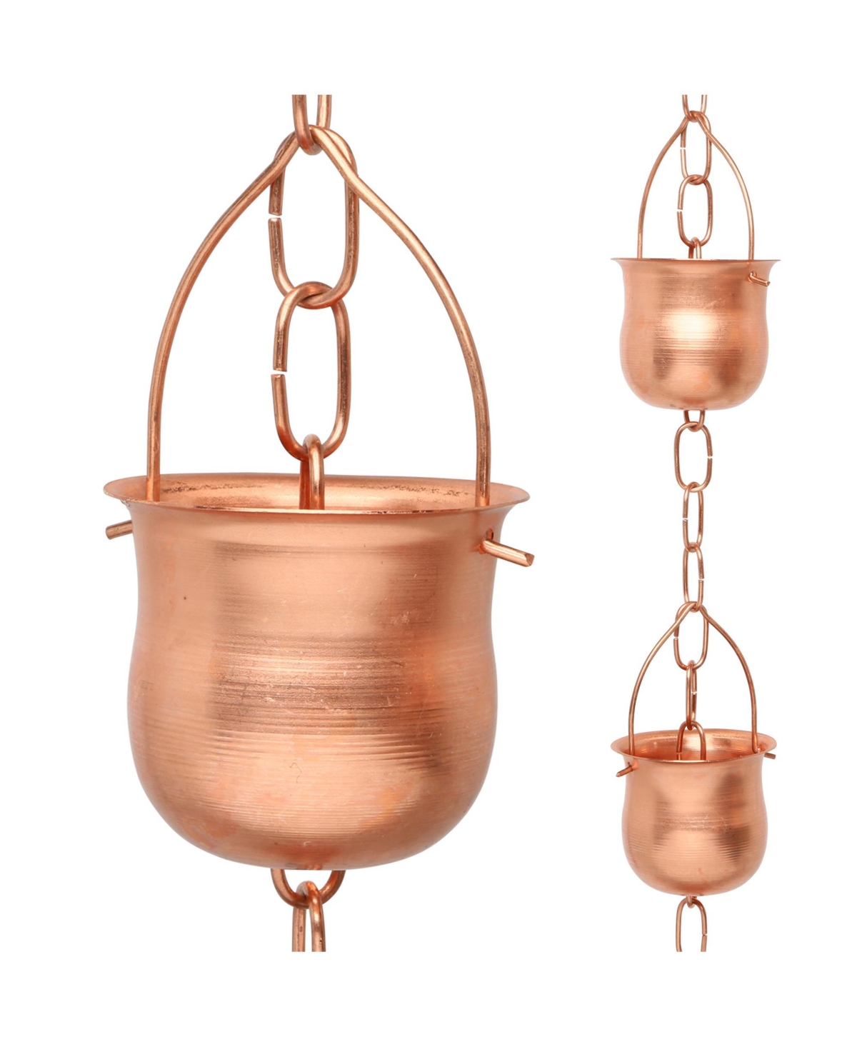 Copper Rain Chain with Pot Style Cups for Gutter Downspout Replacement - Copper