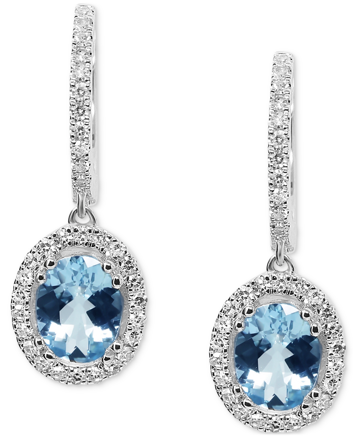 (1-3/4 ct. t.w.) & Diamond (3/8 ct. t.w.) Oval Halo Dangle Hoop Drop Earrings in 14k White Gold - Aquamarine