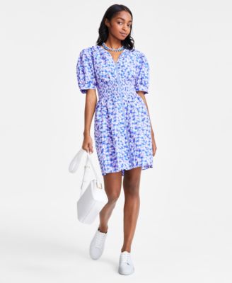 On 34th - Women's Printed Cotton Zip-Front Puff-Sleeve Dress
