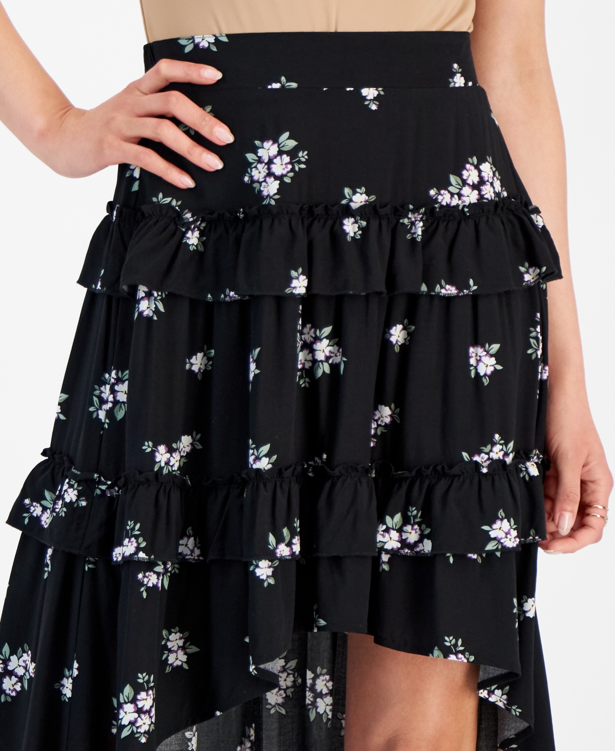 Shop Celebrity Pink Juniors' Tiered High-low Hem Skirt In Black Floral