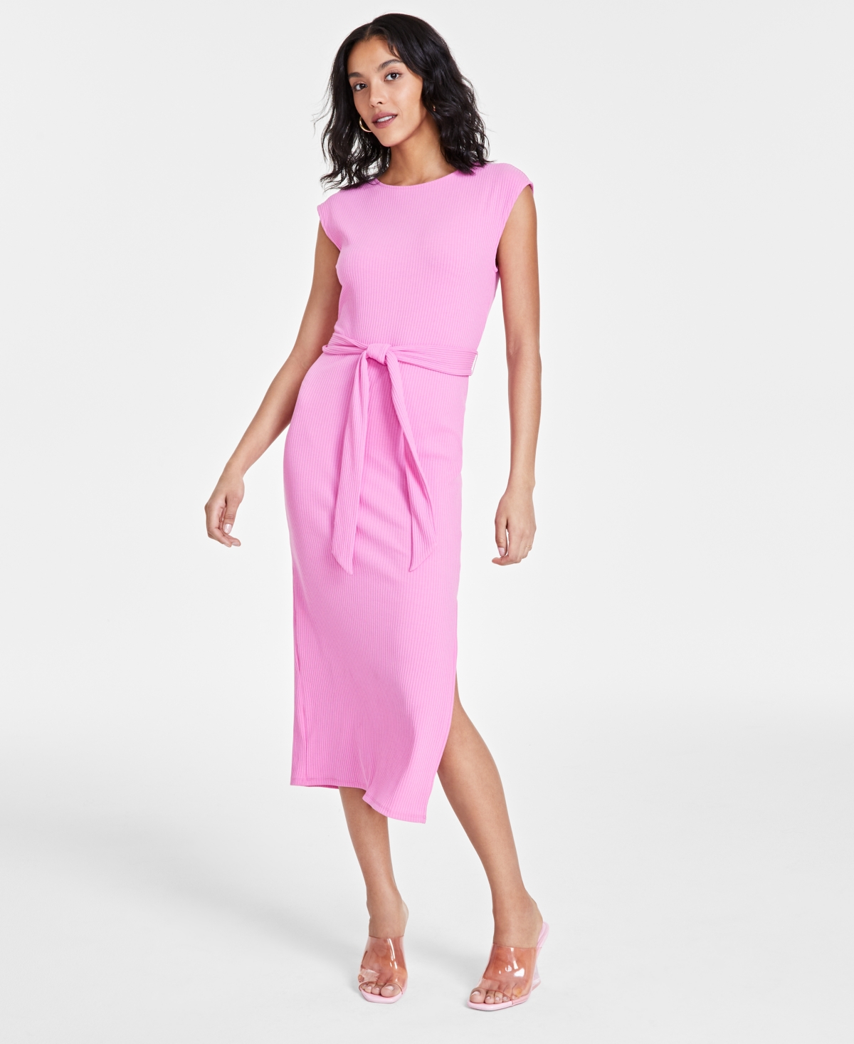 Shop Bar Iii Women's Cap-sleeve Ribbed Midi Dress, Created For Macy's In Wild Pink