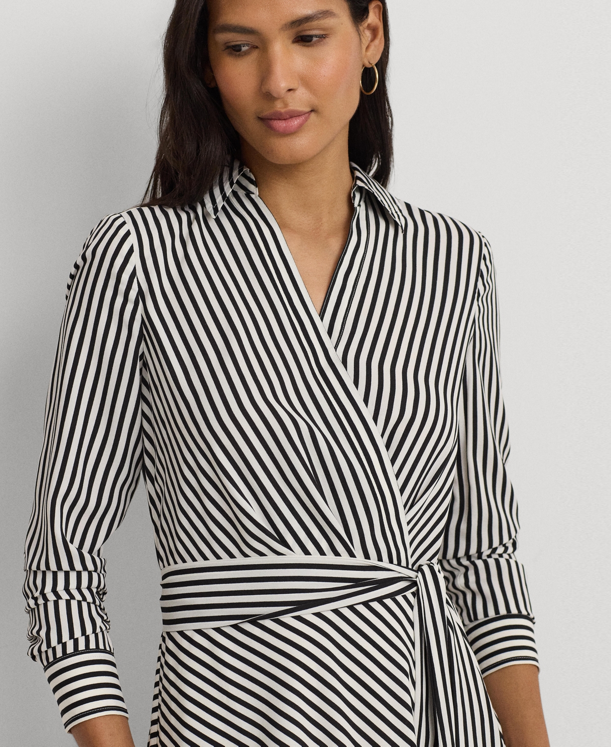 Shop Lauren Ralph Lauren Women's Striped Surplice Crepe Midi Dress In Cream,black