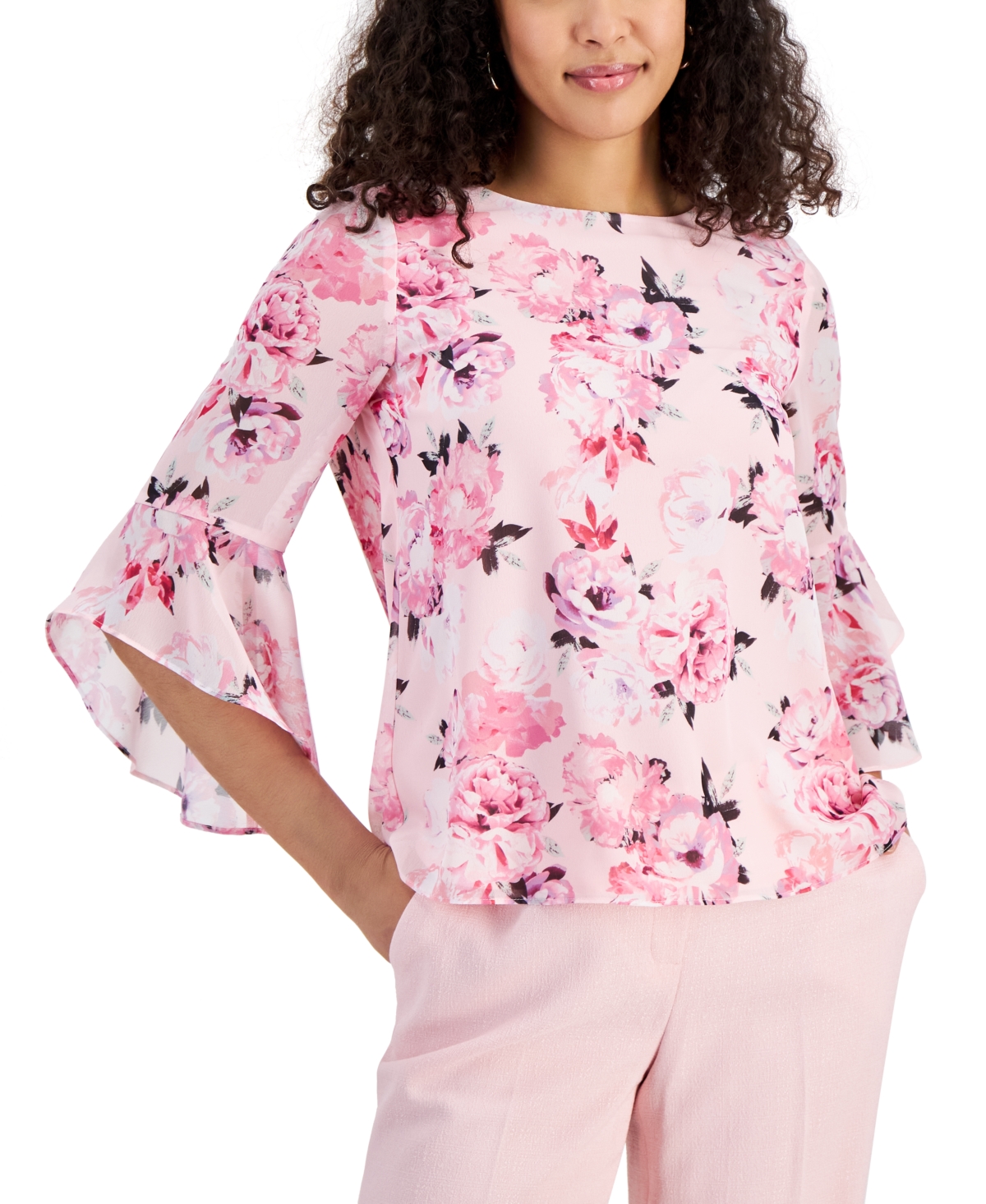 Shop Kasper Women's Floral-print Ruffled-sleeve Boat-neck Top In Tutu Pink Multi