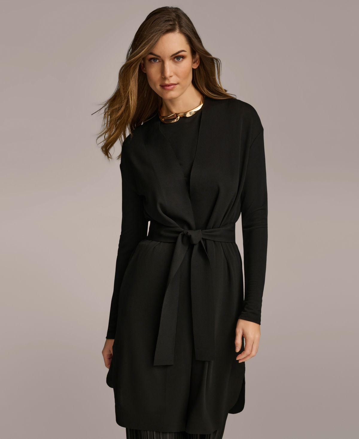 Women's Tie Waist Long Cardigan - Black