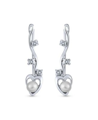 Heart White Freshwater Cultured Pearl Wire Ear Pin Climbers Earrings Round Crawlers Sterling Silver