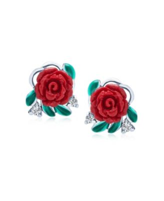 Delicate Floral Blooming Flower CZ Green CZ Leaf 3D carved Red Rose Stud Earrings Sterling Silver