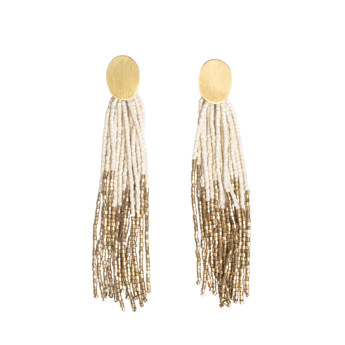 Mae Oval Brass Post 2-Color Beaded Tassel Earrings - Ivory