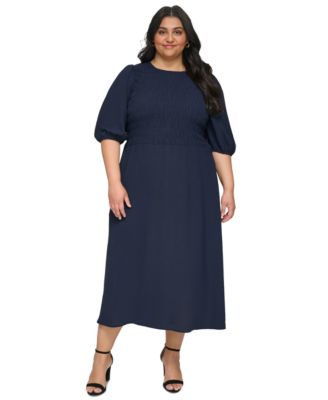 DKNY - Plus Size Puff-Sleeve Smocked Midi Dress