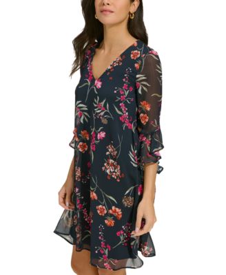 Calvin Klein Women's Printed Chiffon Bell-Sleeve Dress 