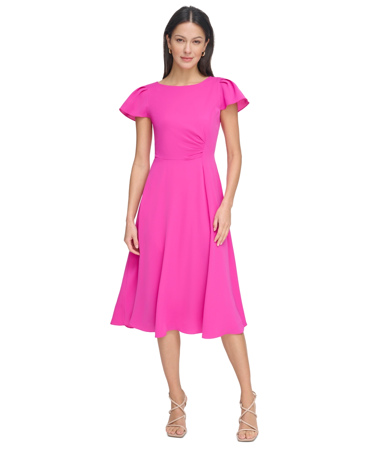 Women's Flutter-Sleeve Side-Ruched Dress - Power Pink