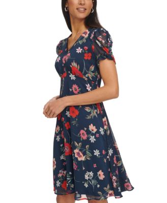 Calvin Klein Women's Printed Chiffon Tulip-Sleeve Knee-length Dress