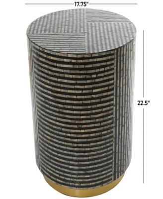 Mother of Pearl Drum Accent Table with Linear Mosaic Pattern and Gold Base