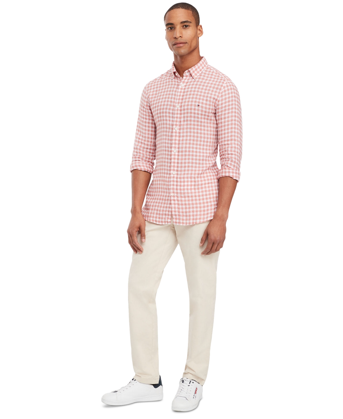 Tommy Hilfiger Men's Slim-Fit Gingham Check Button-Down Linen Shirt -/ Optic White