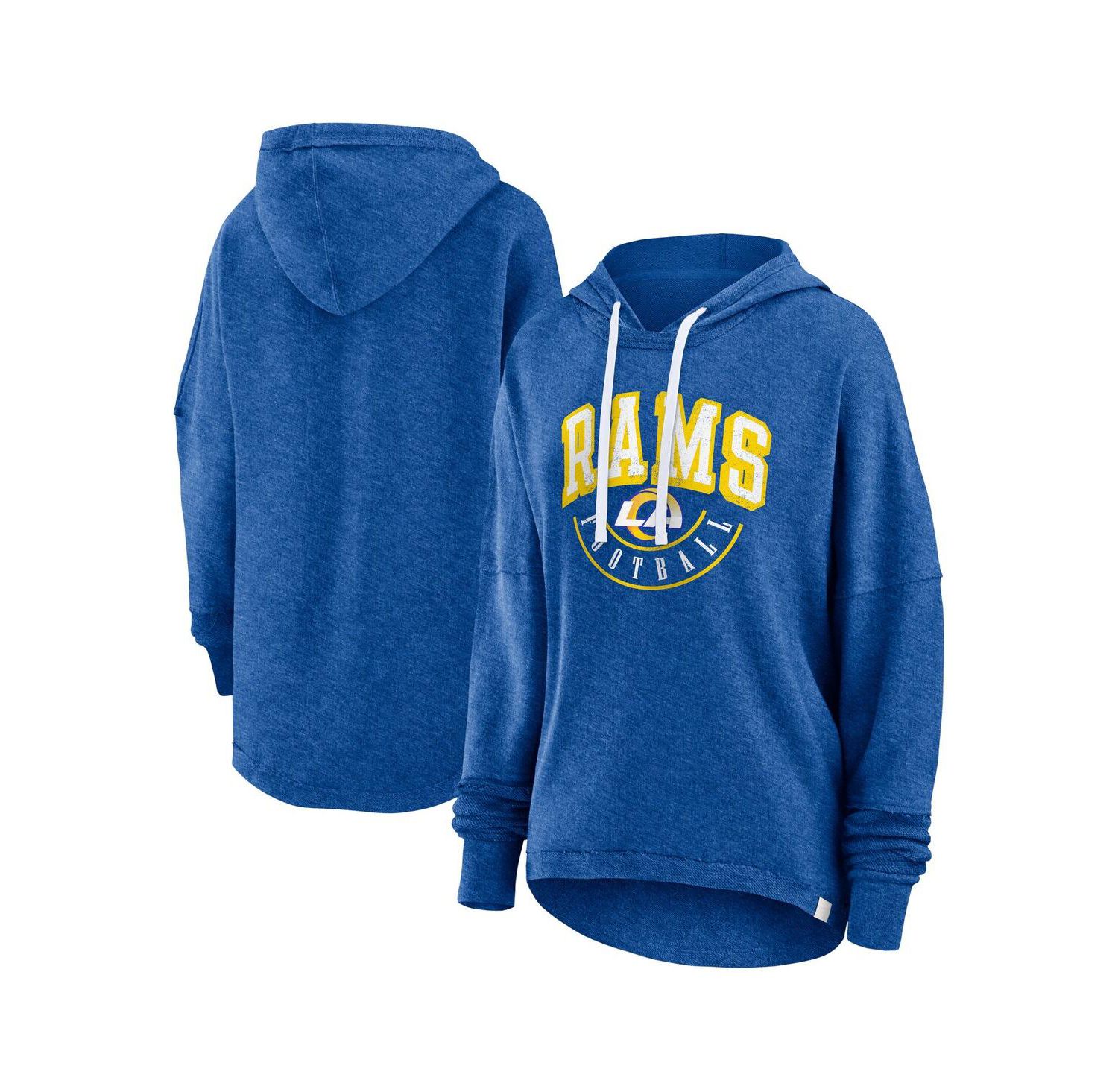Women's Royal Distressed Los Angeles Rams Lightewight Modest Crop Lounge Helmet Arch Pullover Hoodie