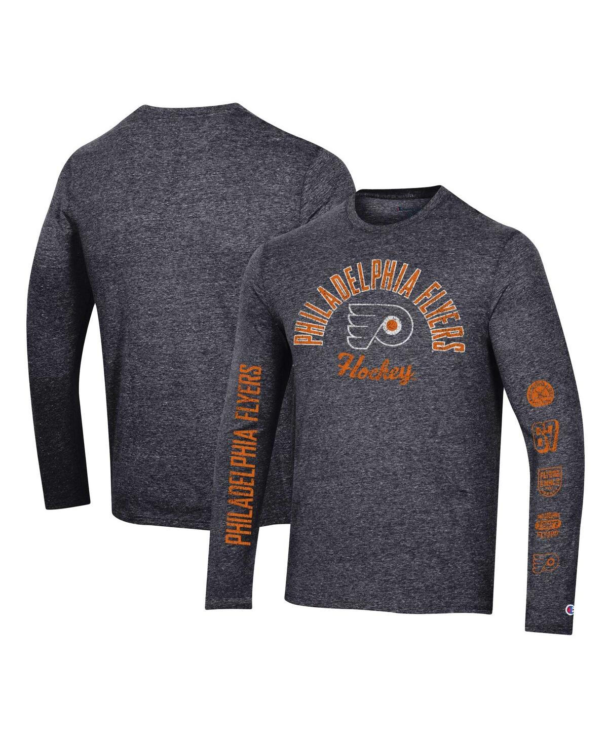 Shop Champion Men's  Heather Black Distressed Philadelphia Flyers Multi-logo Tri-blend Long Sleeve T-shirt
