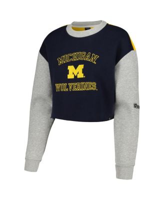 Women's Navy Michigan Wolverines Colorblock Rookie Crew Pullover Sweatshirt