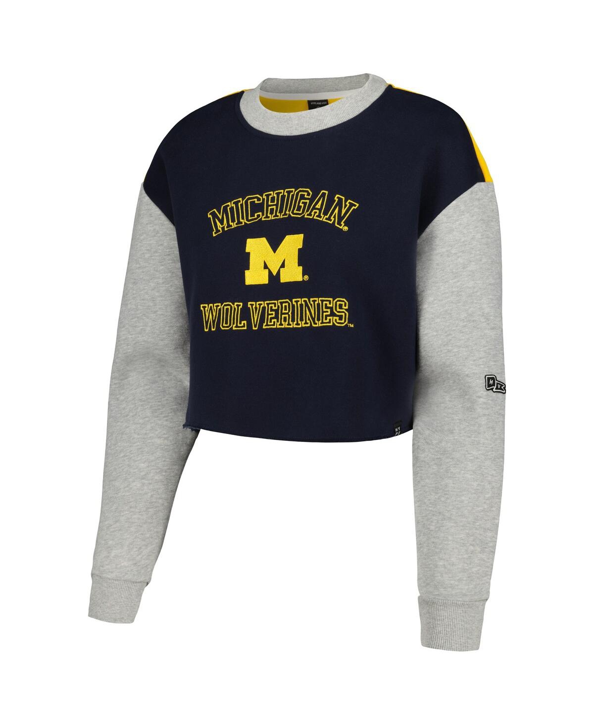 Shop Hype And Vice Women's  Navy Michigan Wolverines Colorblock Rookie Crew Pullover Sweatshirt
